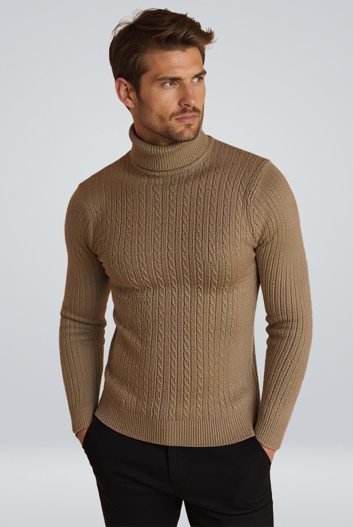 Men's Cable Knit Turtleneck Sweater with Ribbed Collar - 1