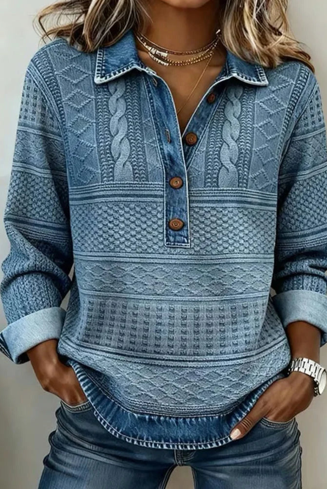 Denim-Style Collar Half Button Women's Sweatshirt – Textured Geometric Pattern 0