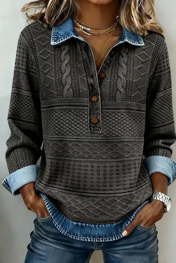 Denim-Style Collar Half Button Women's Sweatshirt – Textured Geometric Pattern 1