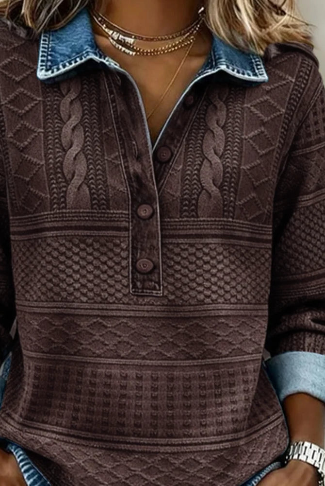 Denim-Style Collar Half Button Women's Sweatshirt – Textured Geometric Pattern 3