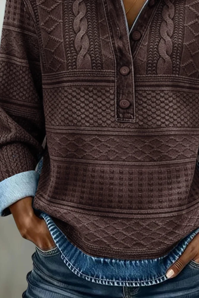 Denim-Style Collar Half Button Women's Sweatshirt – Textured Geometric Pattern 4