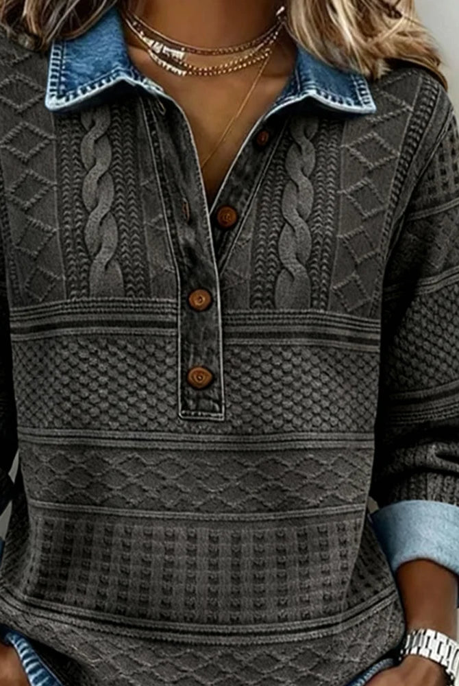 Denim-Style Collar Half Button Women's Sweatshirt – Textured Geometric Pattern 5
