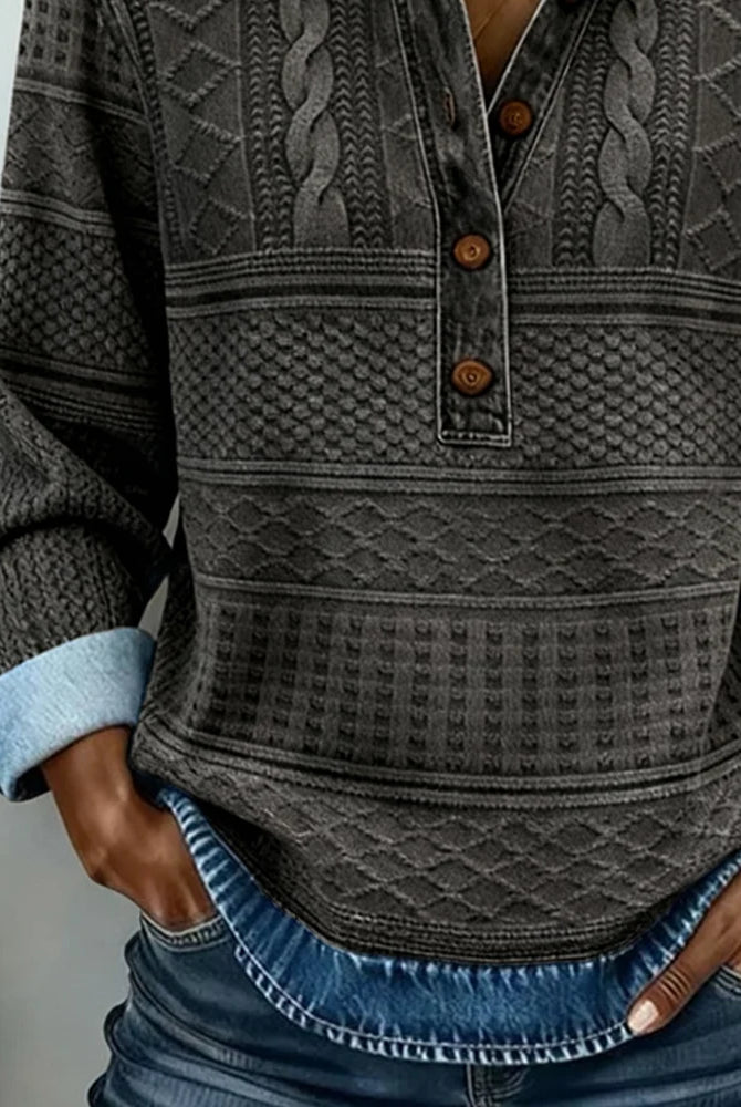 Denim-Style Collar Half Button Women's Sweatshirt – Textured Geometric Pattern 6