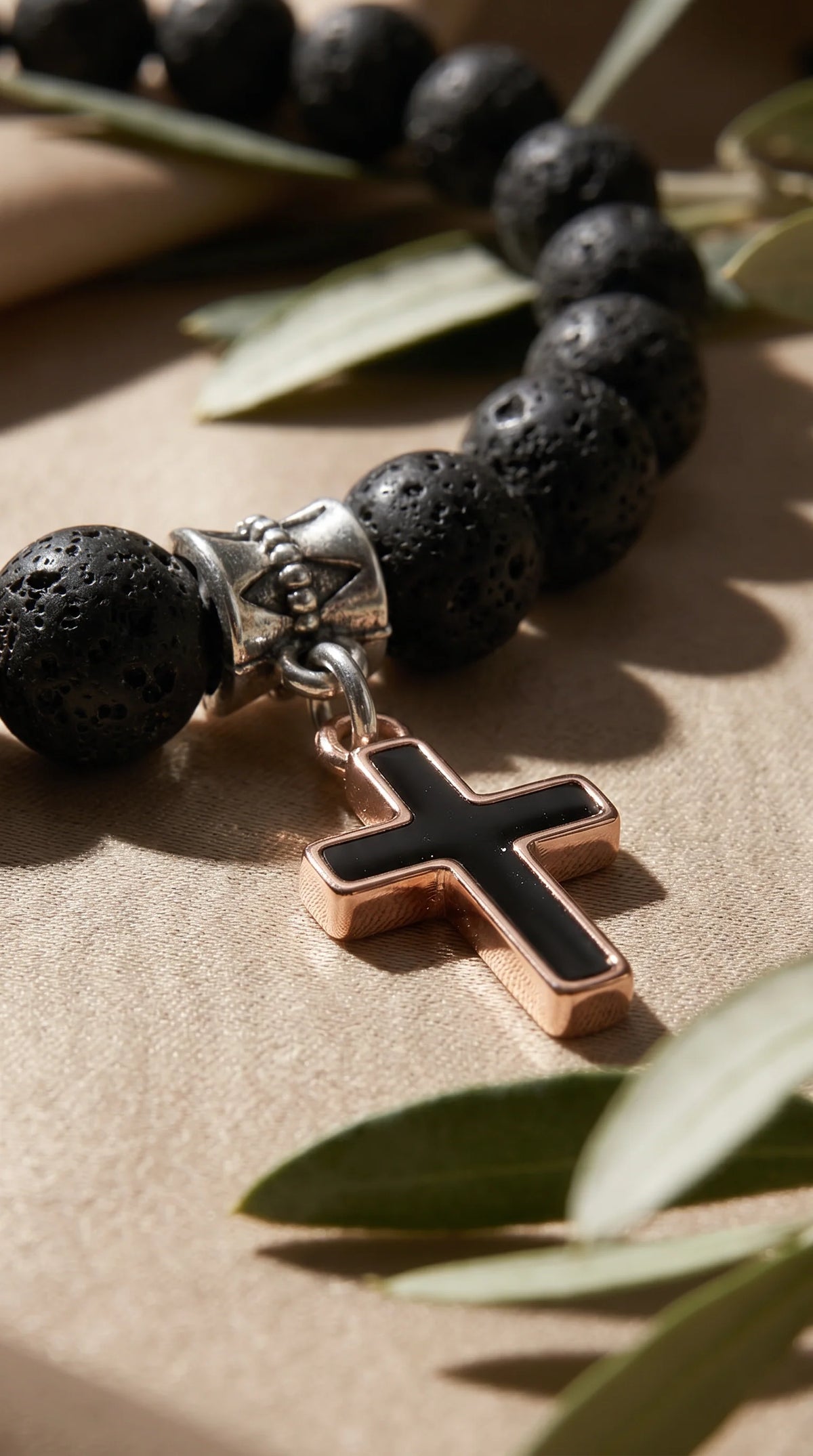 Men's Black Lava Stone Bracelet with Stainless Steel Cross Centerpiece 3