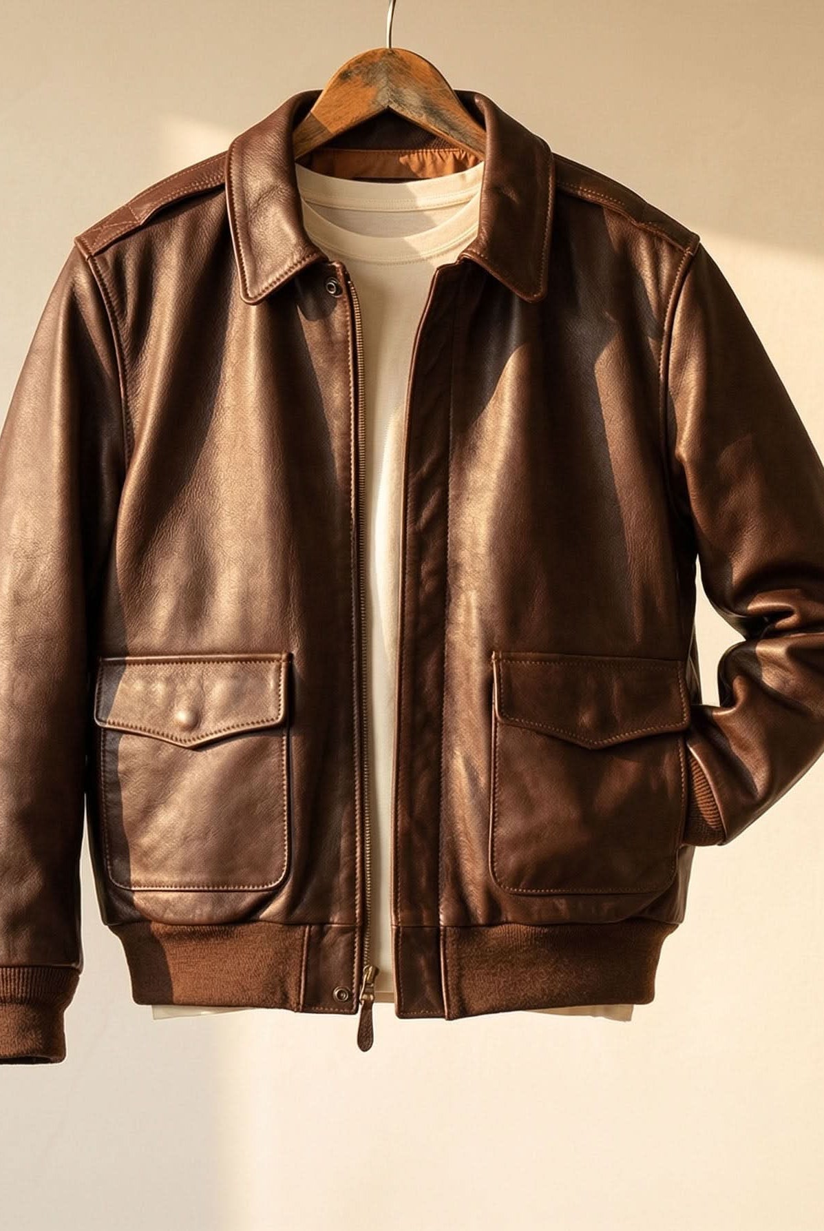 Men's Bomber Leather Jacket with Zip Front and Patch Pockets 0