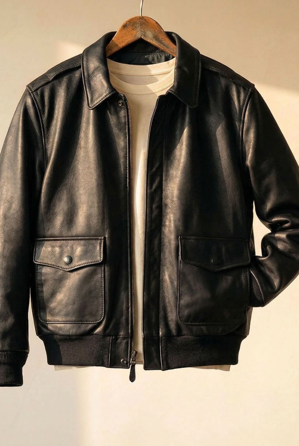 Men's Bomber Leather Jacket with Zip Front and Patch Pockets 1