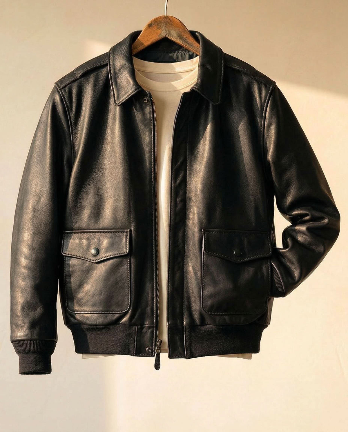 Men's Bomber Leather Jacket with Zip Front and Patch Pockets 1