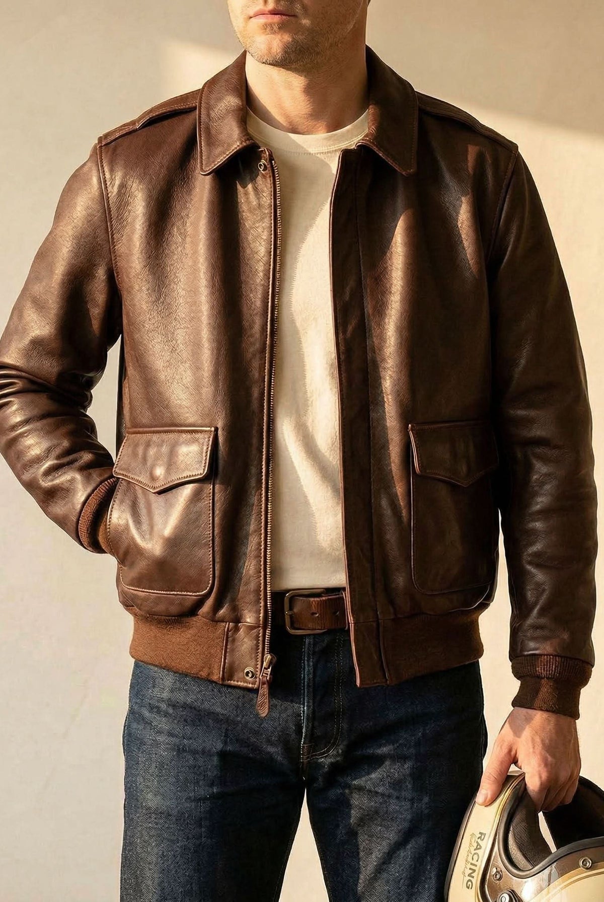 Men's Bomber Leather Jacket with Zip Front and Patch Pockets 2