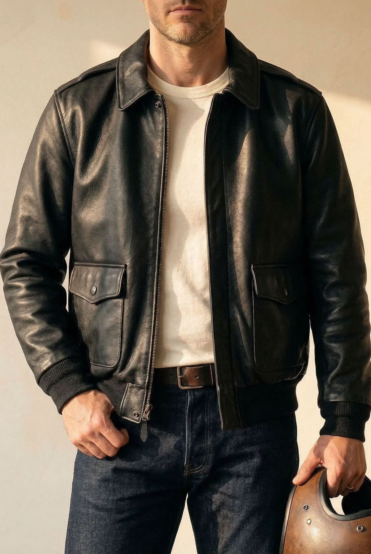 Men's Bomber Leather Jacket with Zip Front and Patch Pockets 3