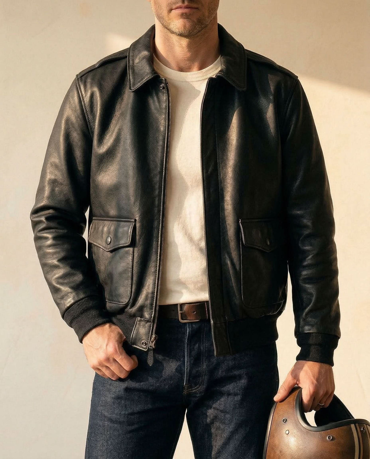 Men's Bomber Leather Jacket with Zip Front and Patch Pockets 3