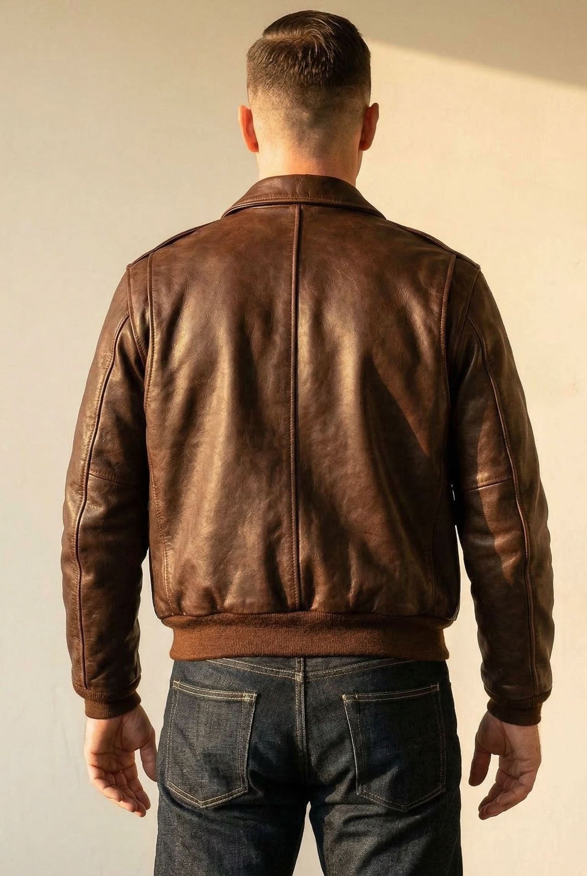 Men's Bomber Leather Jacket with Zip Front and Patch Pockets 4