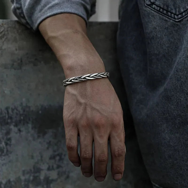 Men's Braided Silver Cuff Bracelet with Adjustable Open Design 3