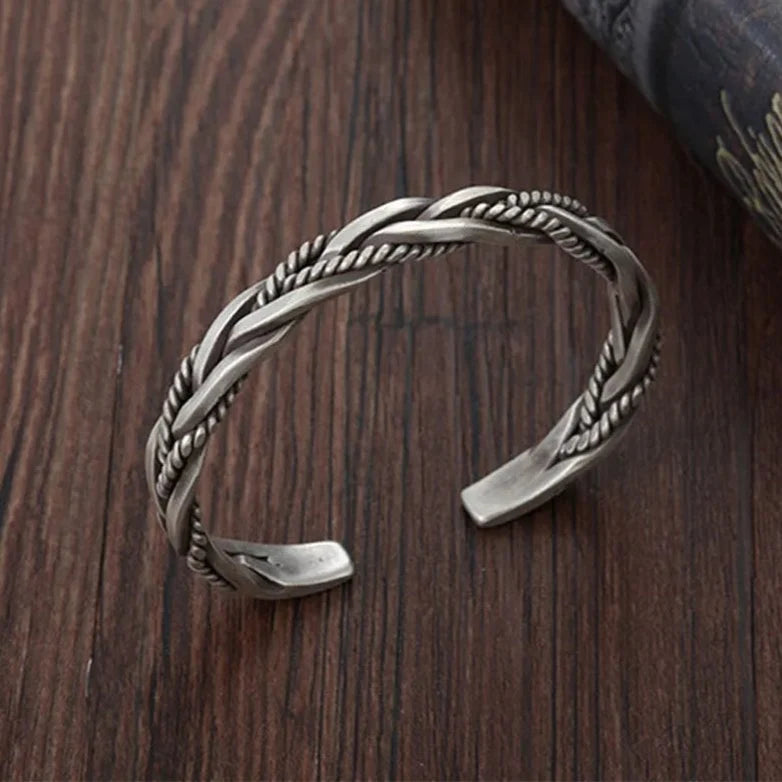 Men's Braided Silver Cuff Bracelet with Adjustable Open Design 4