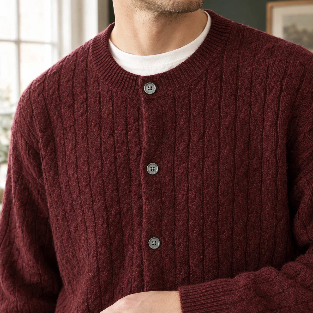 Men's Cable Knit Button-Front Cardigan with Relaxed Fit and Ribbed Trims 1