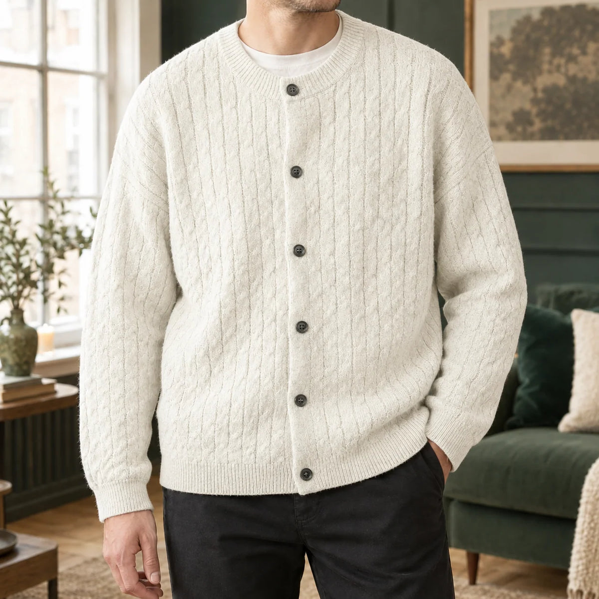 Men's Cable Knit Button-Front Cardigan with Relaxed Fit and Ribbed Trims 2