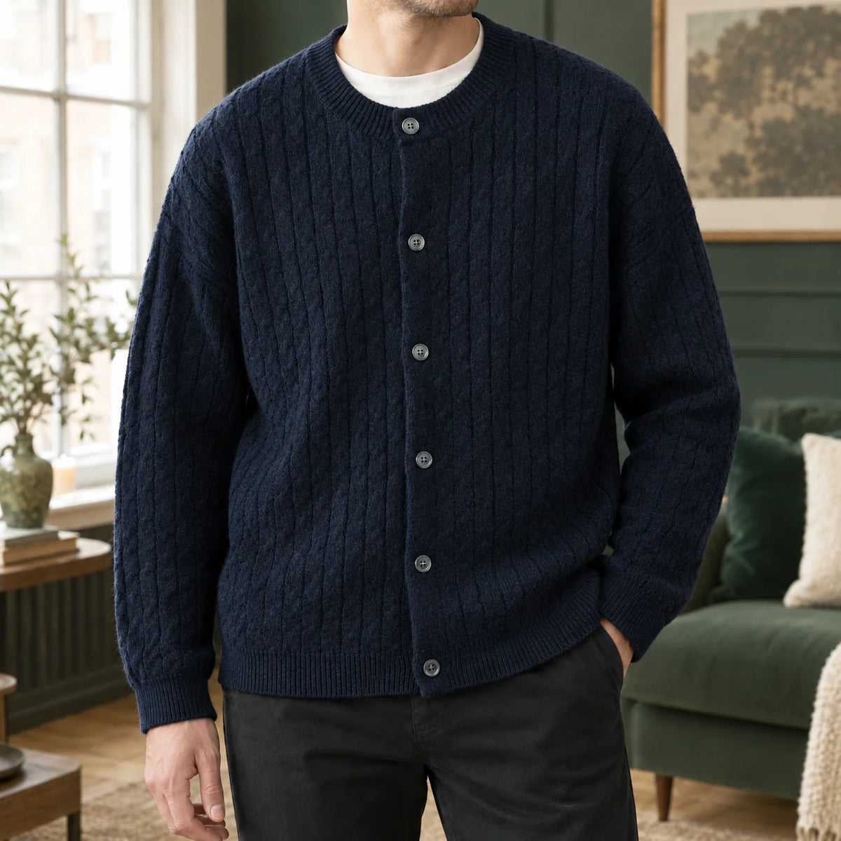 Men's Cable Knit Button-Front Cardigan with Relaxed Fit and Ribbed Trims 4