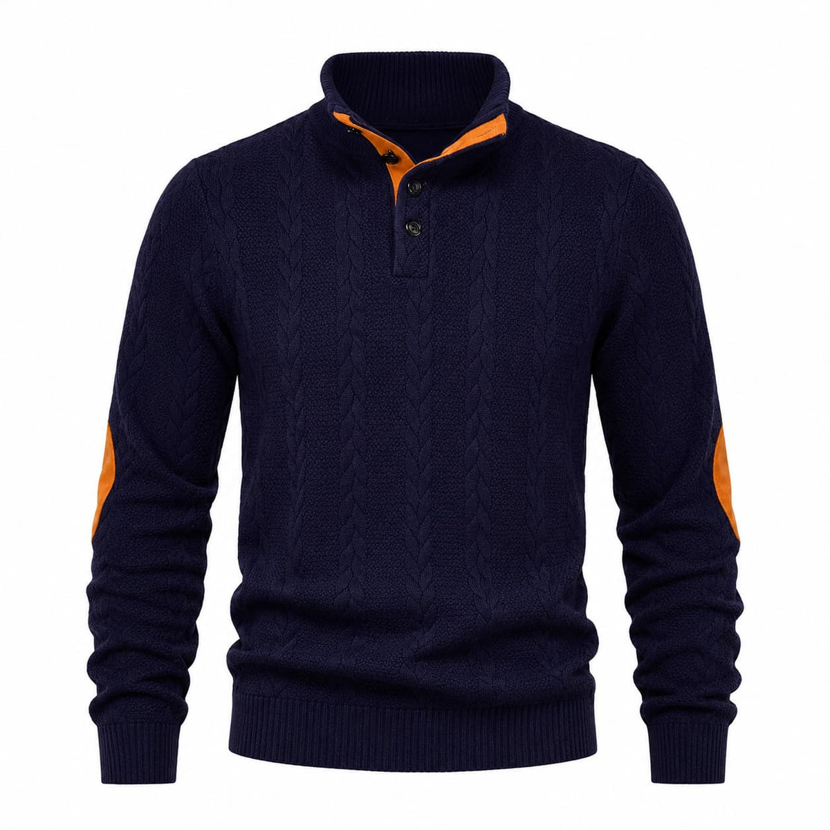 Men's Cable Knit Button Mock Neck Sweater with Contrast Collar Trim and Elbow Patches 0