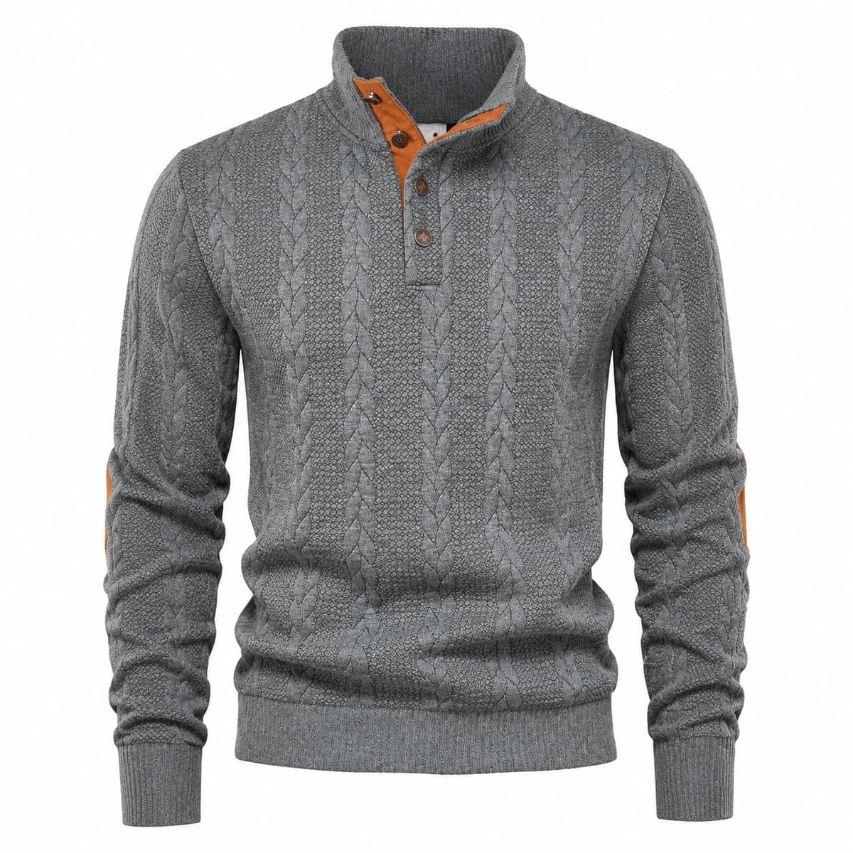Men's Cable Knit Button Mock Neck Sweater with Contrast Collar Trim and Elbow Patches 4