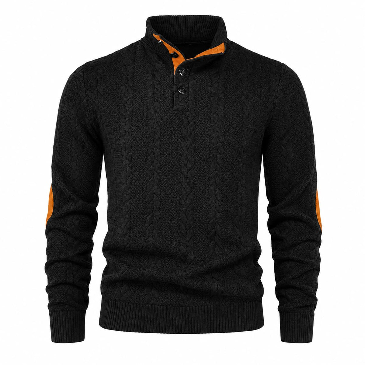Men's Cable Knit Button Mock Neck Sweater with Contrast Collar Trim and Elbow Patches 5