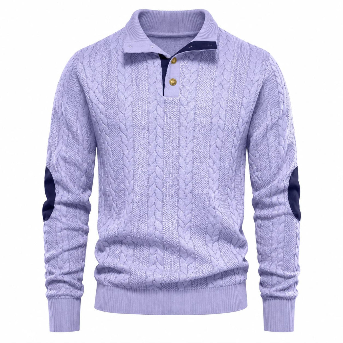 Men's Cable Knit Button Mock Neck Sweater with Contrast Collar Trim and Elbow Patches 7