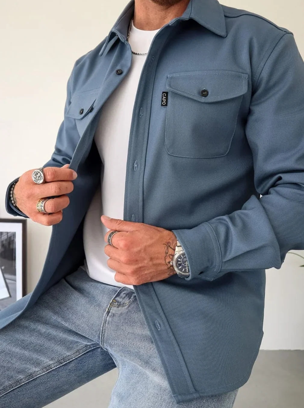 Men's Casual Shirt Jacket with Button Closure and Chest Pockets 2