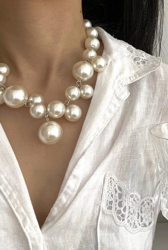 Men's Chain Necklace with Simulated Pearl Round Resin Beads 0