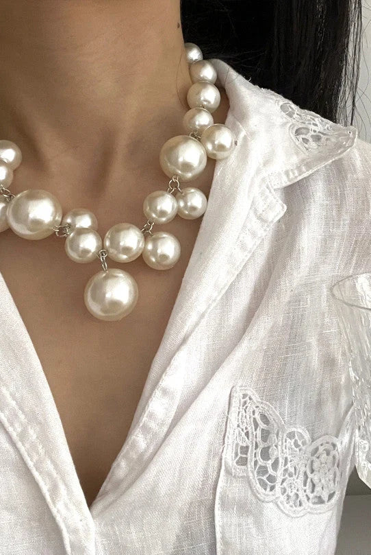 Men's Chain Necklace with Simulated Pearl Round Resin Beads 5