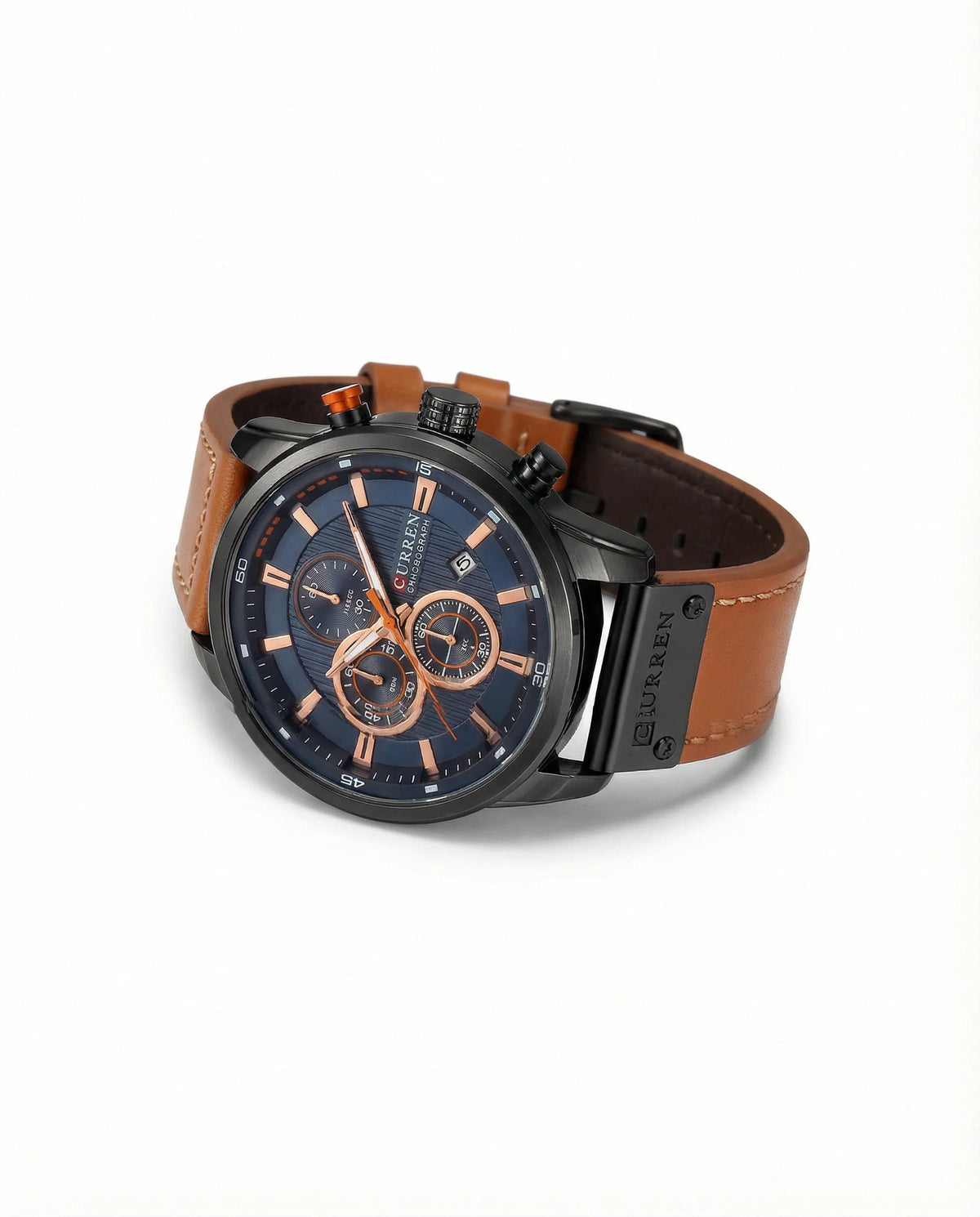 Men's Chronograph Watch with Stainless Steel Case and Leather Strap 5