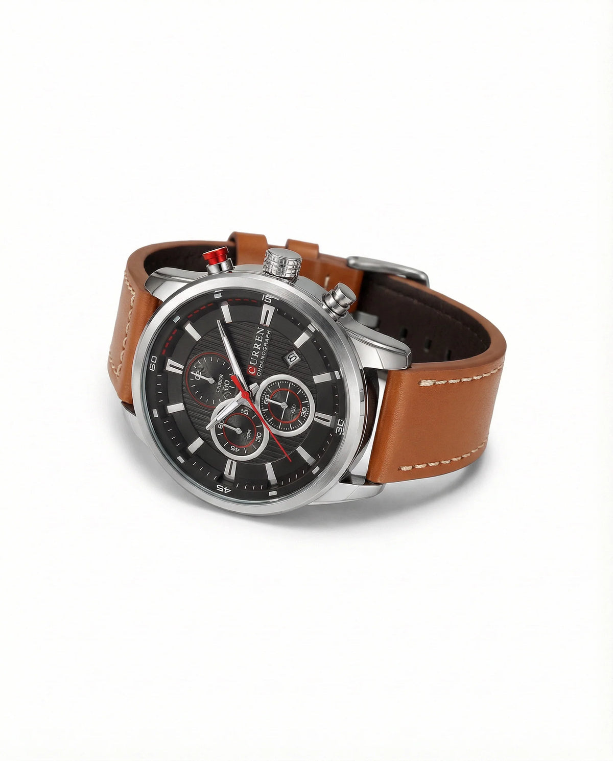 Men's Chronograph Watch with Stainless Steel Case and Leather Strap 8