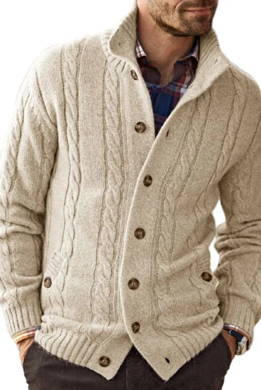 Men's Classic Stand-Up Collar Cable Knit Cardigan with Button Front Closure 0