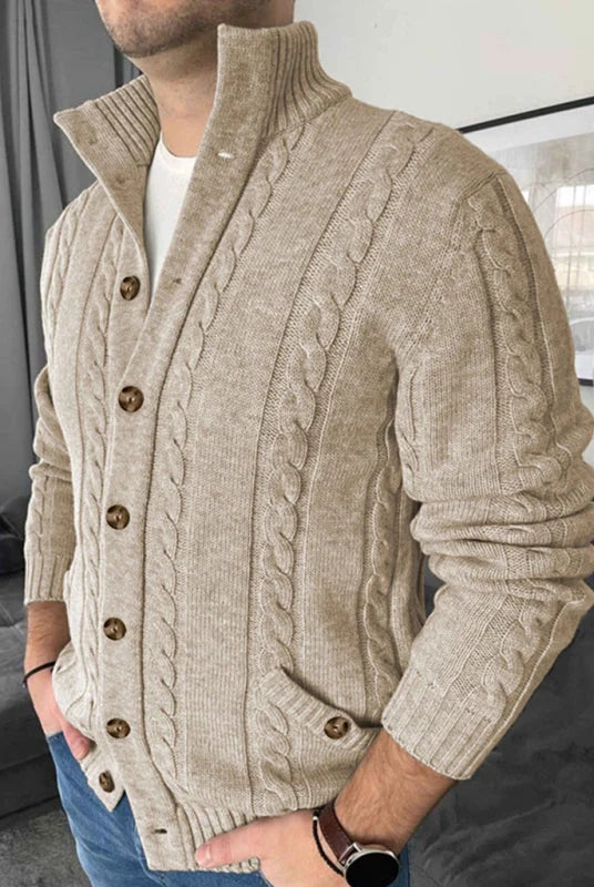 Men's Classic Stand-Up Collar Cable Knit Cardigan with Button Front Closure 1