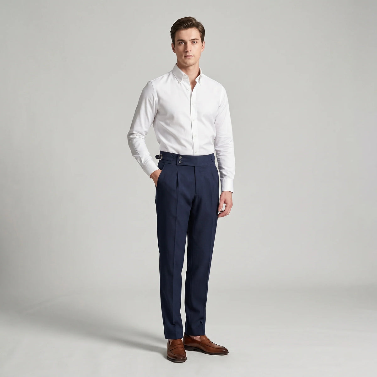 Men's Double-Pleat High-Waist Tapered Trousers with Side-Adjuster Buckles 1