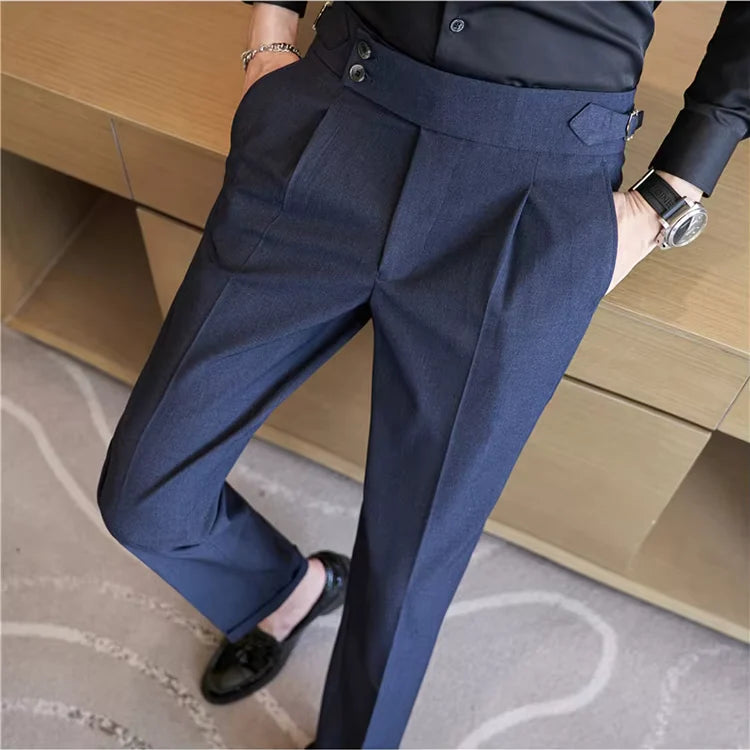 Men's Double-Pleat High-Waist Tapered Trousers with Side-Adjuster Buckles 5