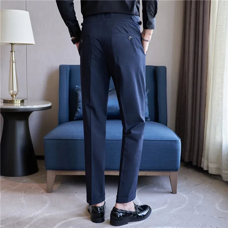 Men's Double-Pleat High-Waist Tapered Trousers with Side-Adjuster Buckles 7