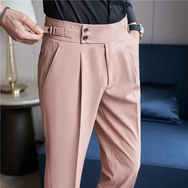 Men's Double-Pleat High-Waist Tapered Trousers with Side-Adjuster Buckles 8