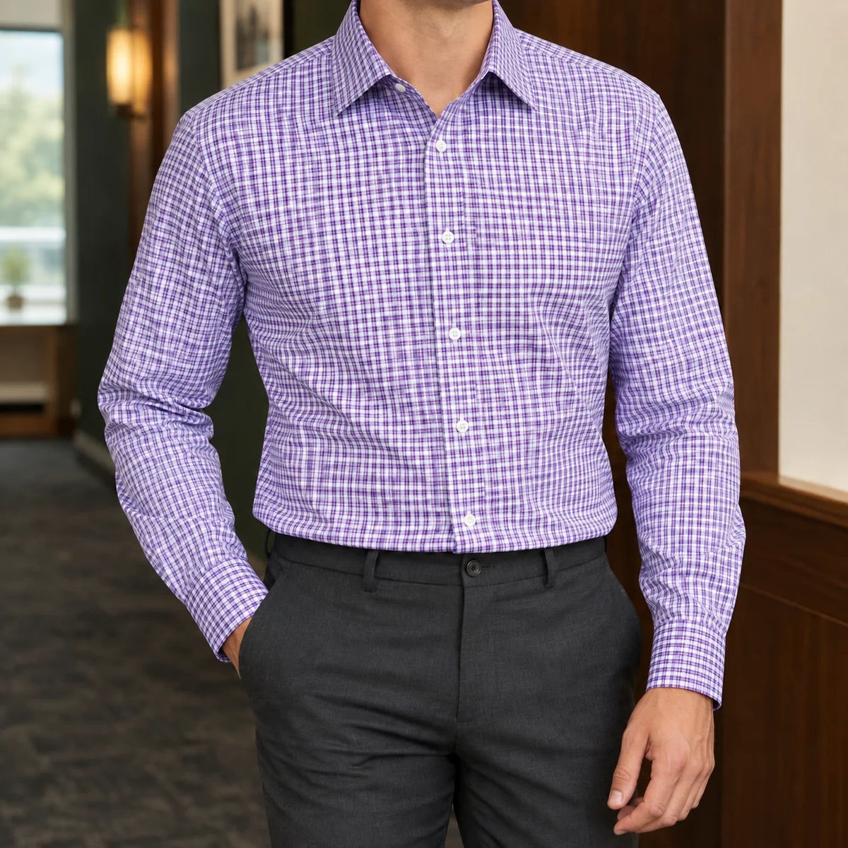 Men's Fitted Button-Front Dress Shirt with Pointed Spread Collar 2