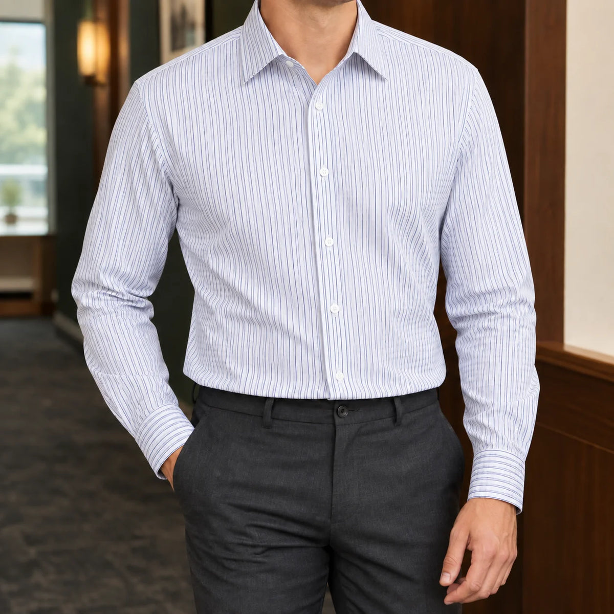 Men's Fitted Button-Front Dress Shirt with Pointed Spread Collar 3
