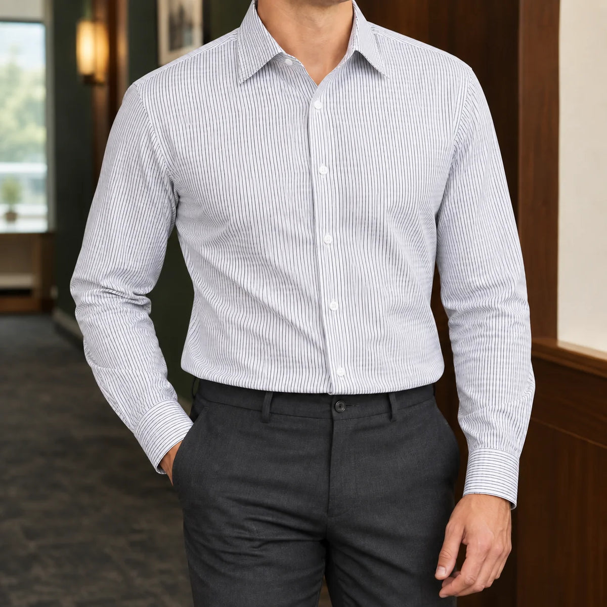 Men's Fitted Button-Front Dress Shirt with Pointed Spread Collar 4