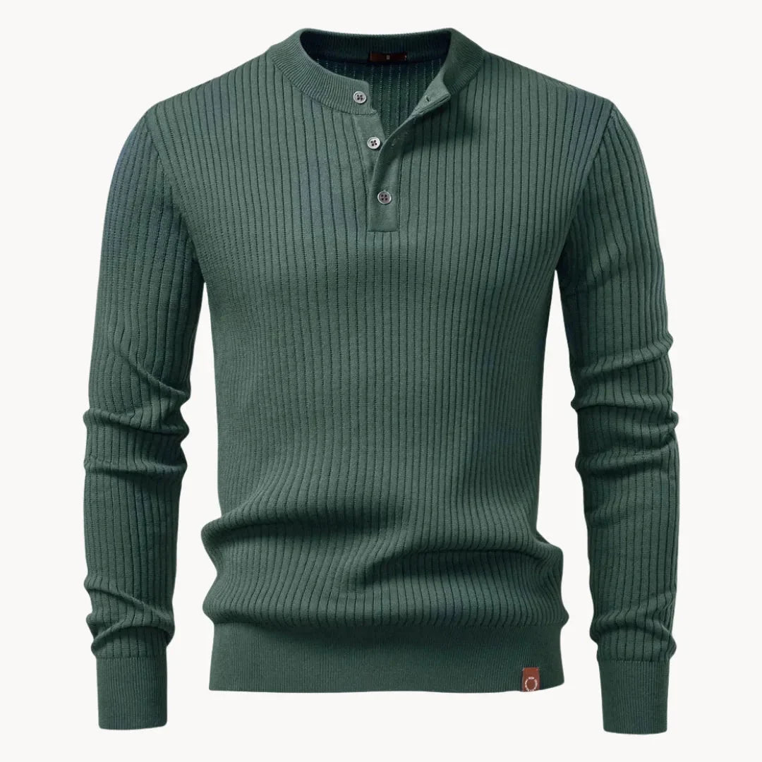 Men's Fitted Round Neck Sweater with Button Closure and Elastic Cuffs 10