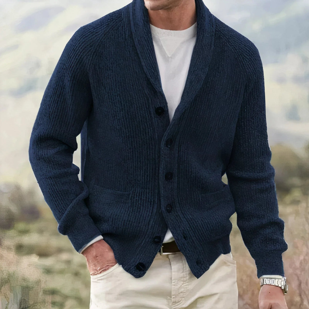 Men's Heavy Ribbed Knit Shawl Collar Cardigan Sweater with Five-Button Front 0