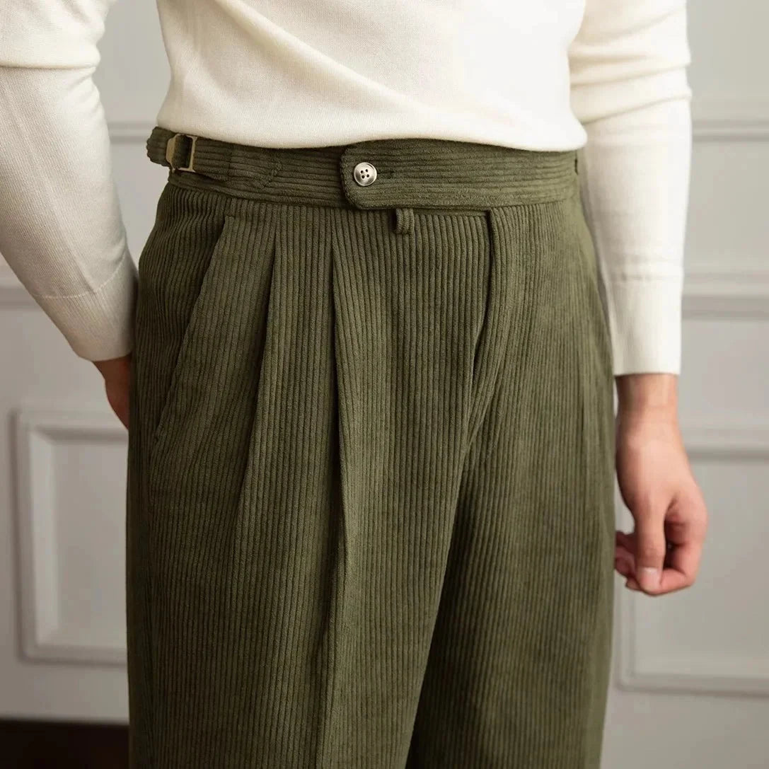 Men's High-Waisted Pleated Cotton Corduroy Trousers 0