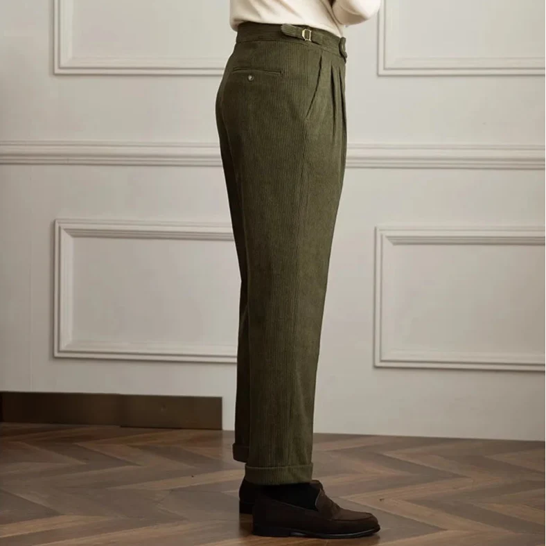 Men's High-Waisted Pleated Cotton Corduroy Trousers 3