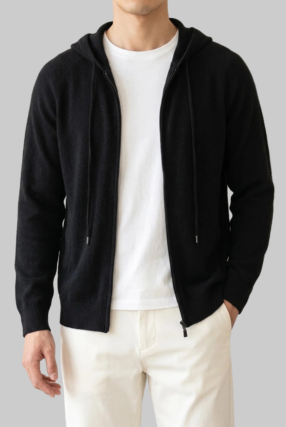 Men's Hooded Zip Cardigan with Ribbed Cuffs and Side Pockets 0