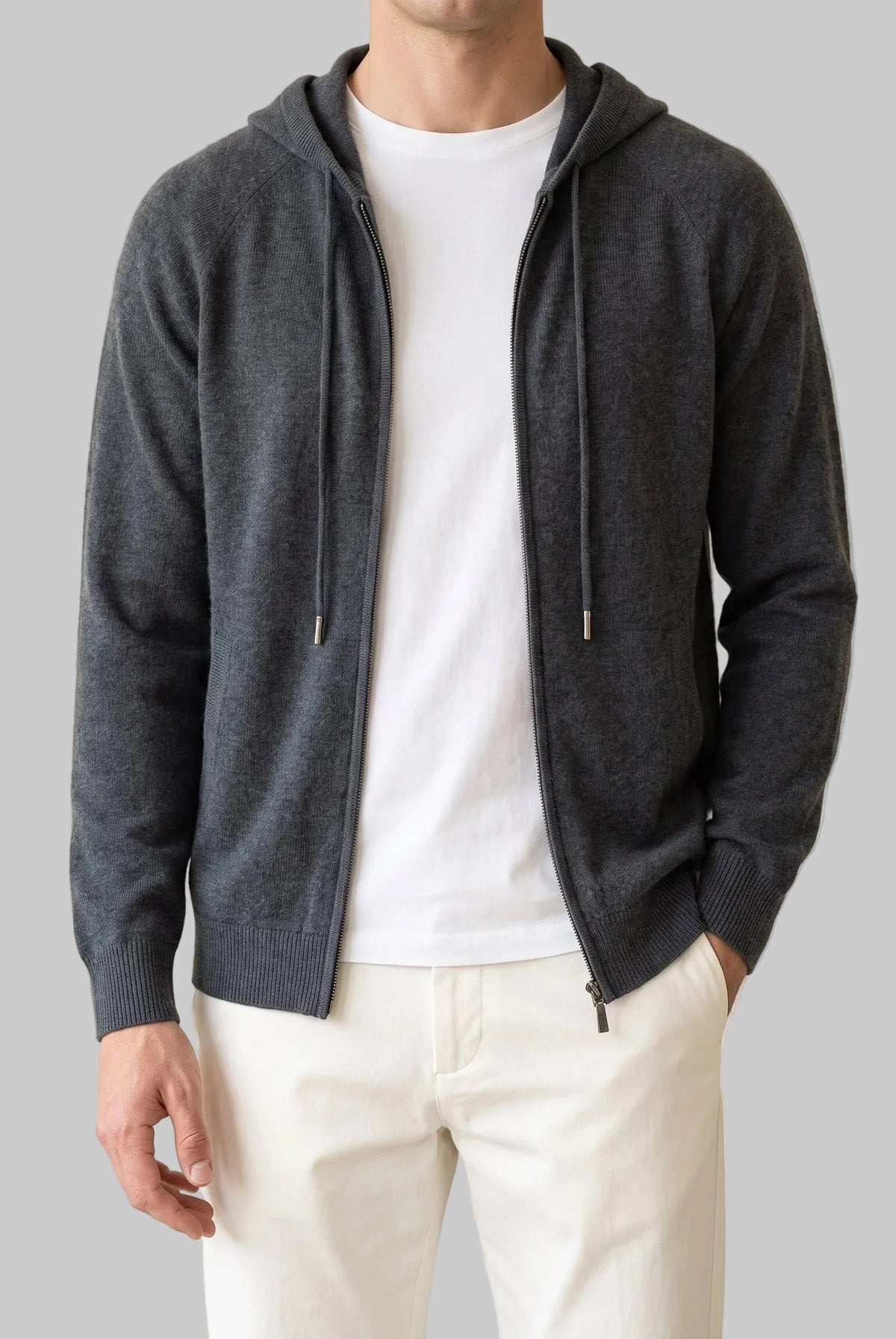 Men's Hooded Zip Cardigan with Ribbed Cuffs and Side Pockets 2