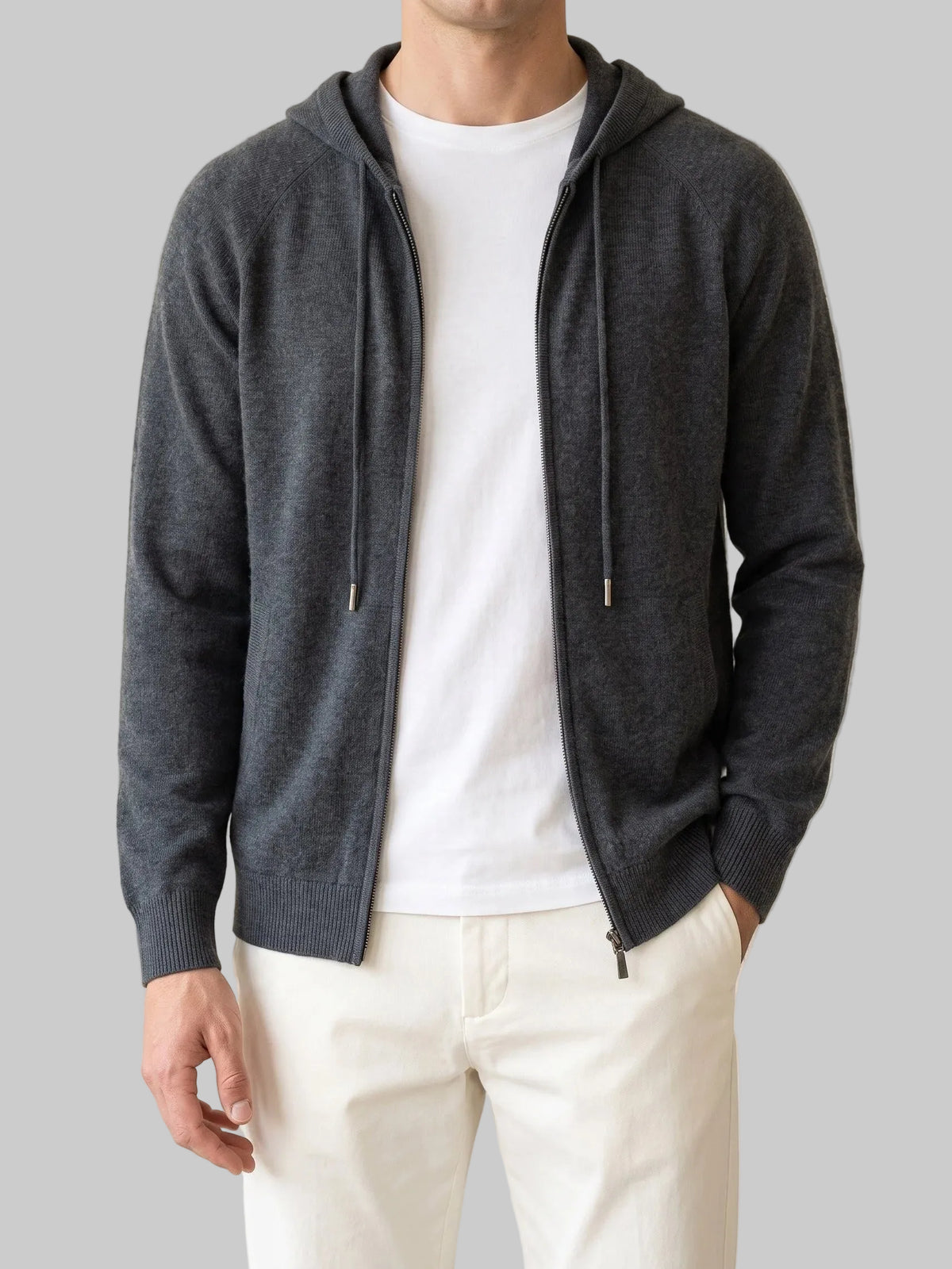 Men's Hooded Zip Cardigan with Ribbed Cuffs and Side Pockets 2