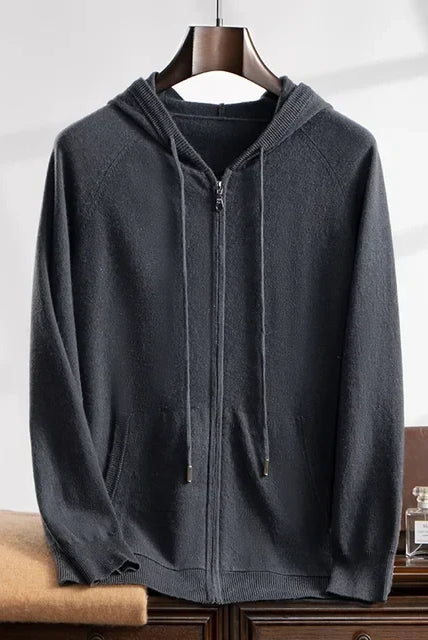 Men's Hooded Zip Cardigan with Ribbed Cuffs and Side Pockets 7