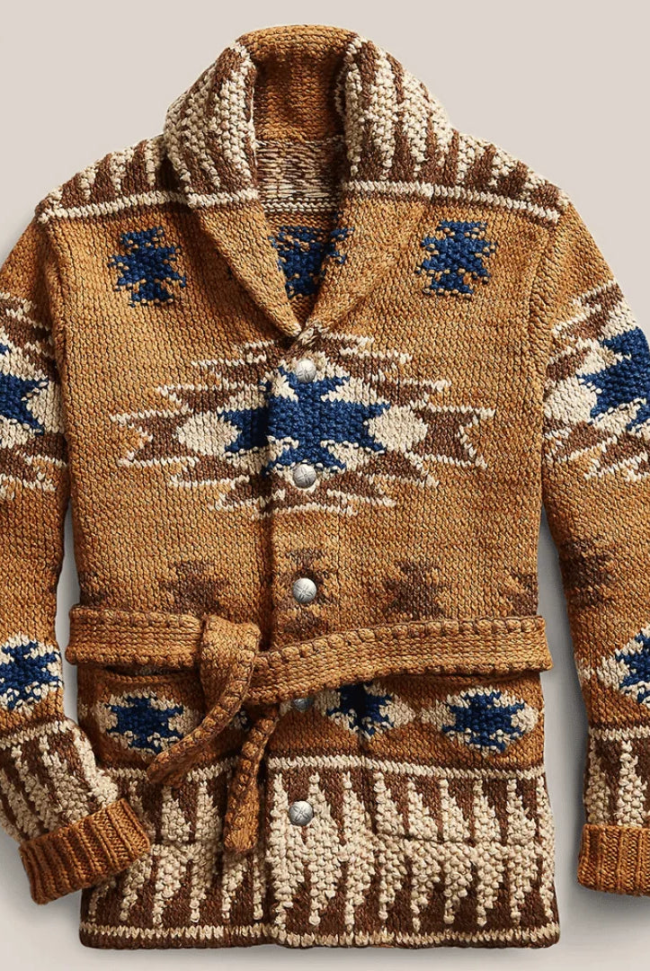 Men's Jacquard Knit Cardigan with Structured Collar and Insulation 0