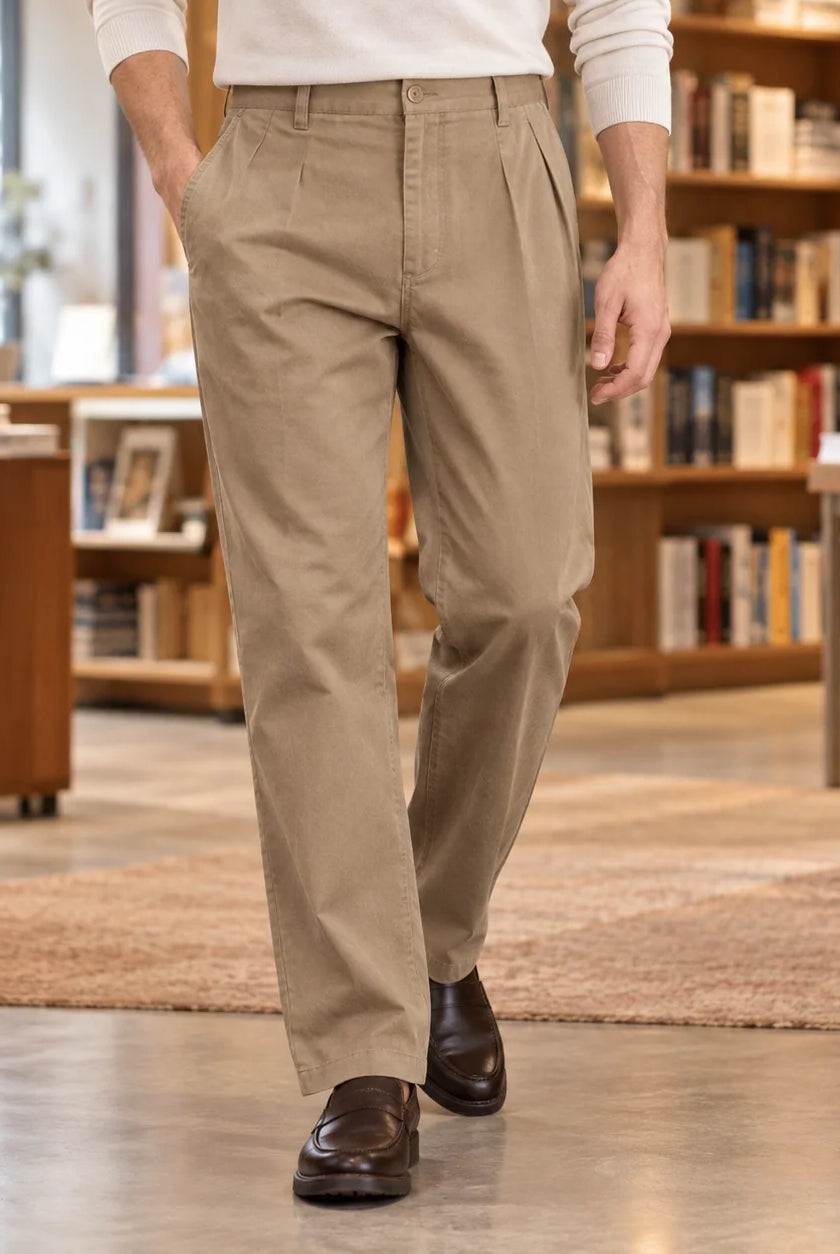 Men's Khaki Straight Leg Pants with High-Rise Waistband and Front Pleat Detail 0