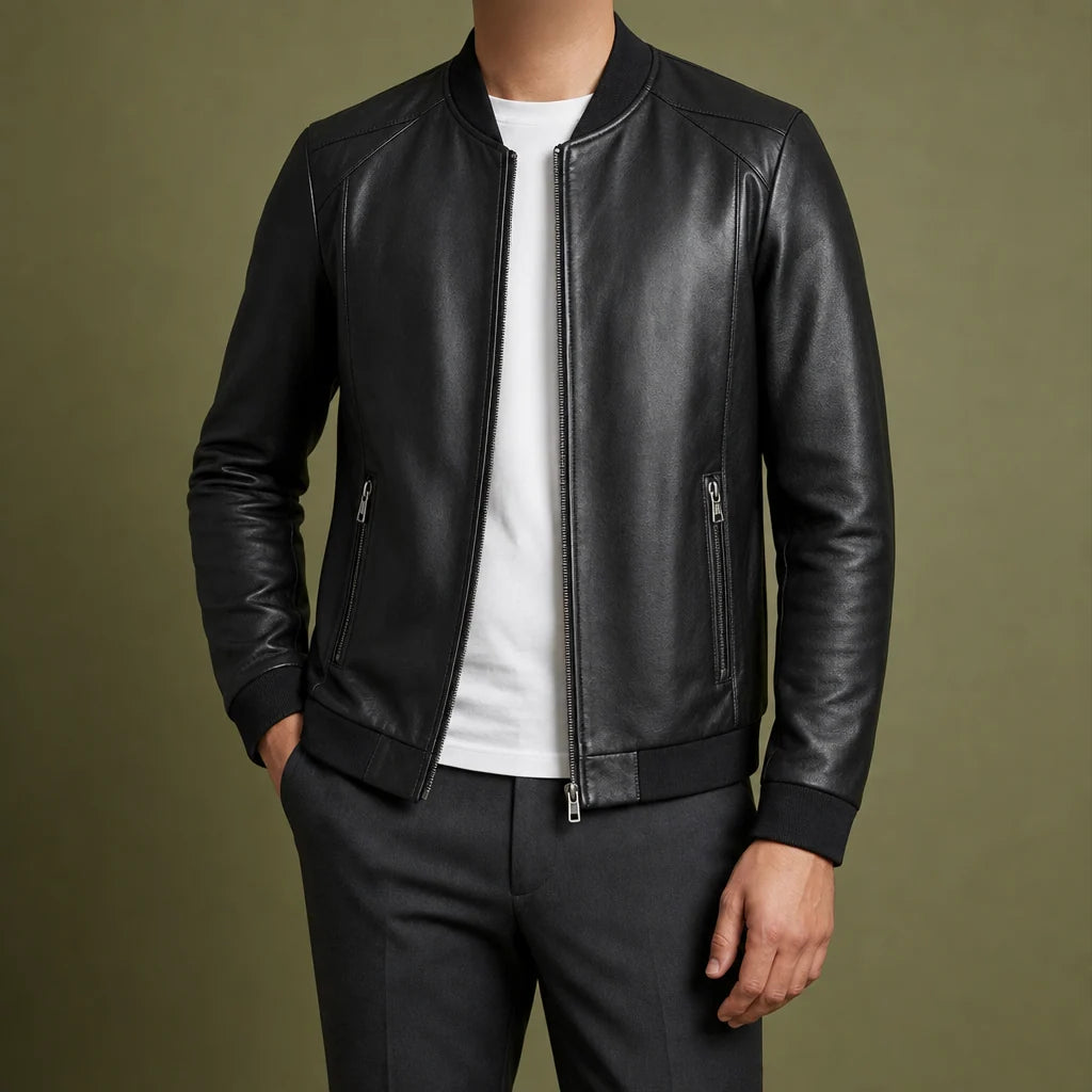 Men's Leather Bomber Jacket with Streamlined Silhouette 0