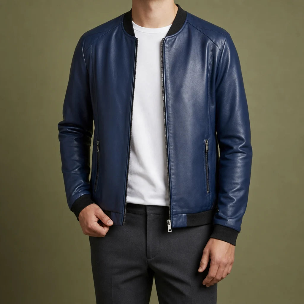 Men's Leather Bomber Jacket with Streamlined Silhouette 1
